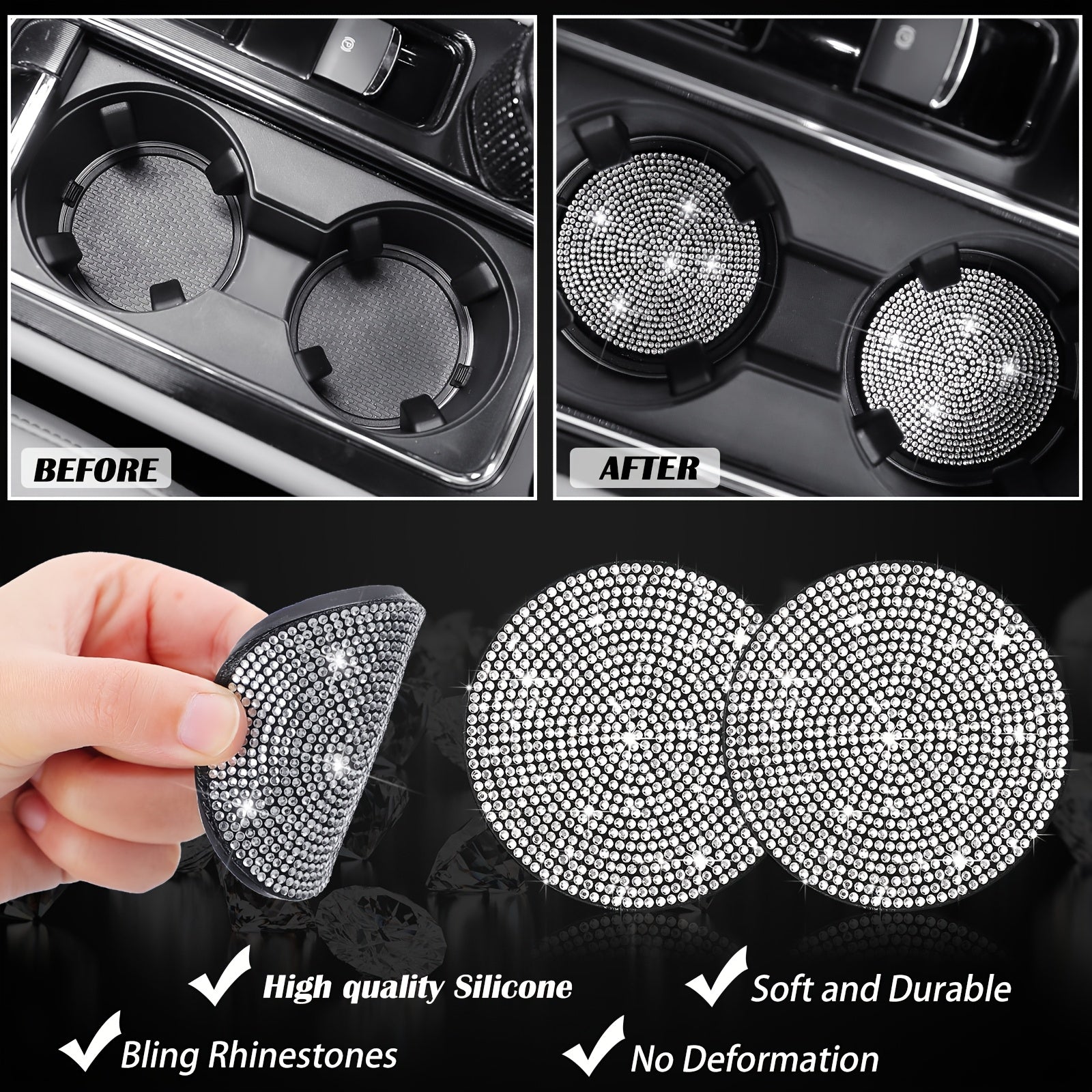 10pcs Bling Car Accessories Set For Women Rhinestones Faux Leather Accessories Steering Wheel Cover Armrest Cover Gear Shift Cover Seat Belt Cover Handbrake Cover Cup Pads Start Button Ring
